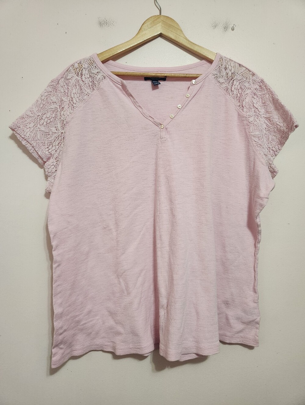 CHAPS Plus Size 2X Pink Lace Sleeve V-Neck Button Up Cotton Blouse Cottagecore